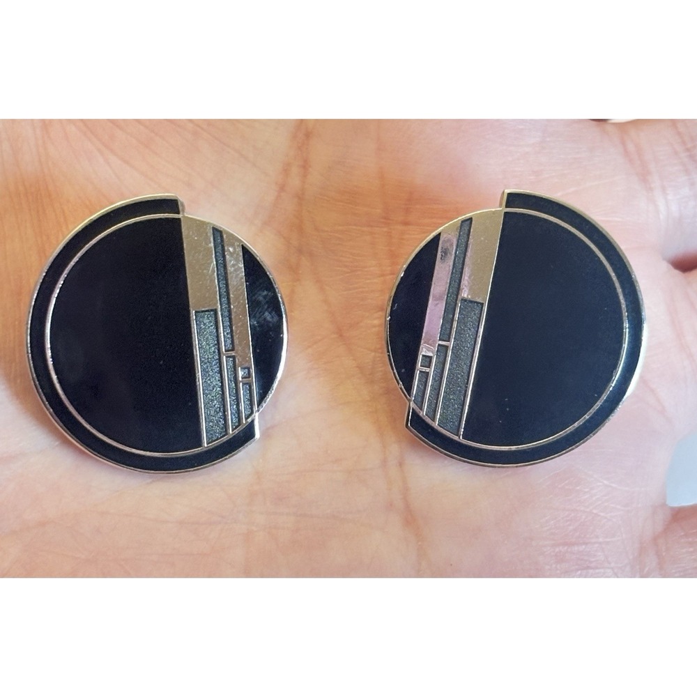 Vintage Isle of Skye Earrings Clip On Enamel Geometric Black Silver